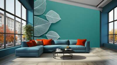 Teal background with soft white leaf outlines, creating a minimalist nature-inspired design with fine details Wall mural