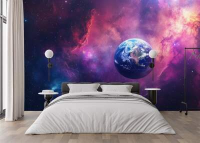 The planet Earth floating amidst a colorful galaxy, with nebula clouds and distant stars illuminating the expanse of space Wall mural