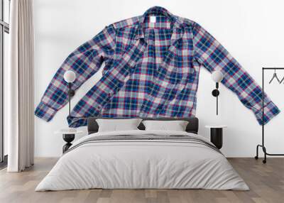 Blue men's cotton plaid shirt isolated on white background Wall mural