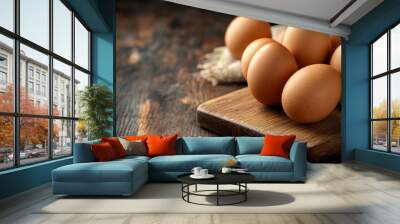 A close-up image of six brown eggs arranged on a rustic wooden cutting board, representing freshness, nutrition, and the simple pleasures of farm life. The eggs are nestled in burlap, suggesting a con Wall mural