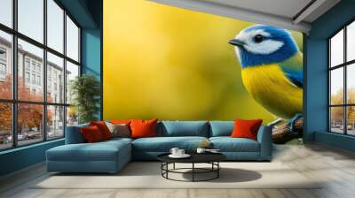 A close-up portrait of a blue tit bird perched on a branch, showcasing its vibrant blue and yellow plumage against a soft, blurred background.  This image captures the beauty of nature, the delicate d Wall mural