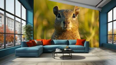 A close-up portrait of an Agouti, a large rodent native to Central and South America, standing in a grassy field. The animal's fur is a mix of brown and grey, and its large, dark eyes gaze directly at Wall mural