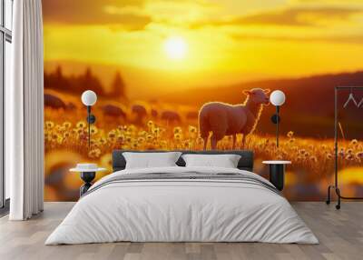 A single sheep stands in a field of daisies, bathed in the warm glow of a golden sunset. The scene symbolizes peace, tranquility, and the beauty of nature. Wall mural