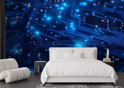 Abstract blue circuit board background with glowing lights, representing technology, innovation, connection, data, and digital world. Wall mural