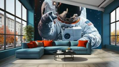 An astronaut in a spacesuit points towards the vast expanse of space, symbolizing the future of space exploration, scientific discovery, human potential, and the unknown. Wall mural