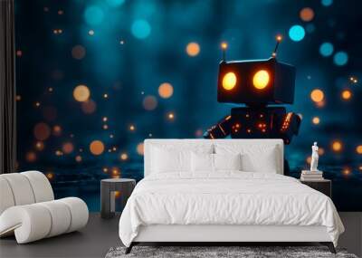 Cute robot with glowing eyes and a black body standing on a blue bokeh background, symbolizing technology, innovation, future, curiosity, and wonder. Wall mural