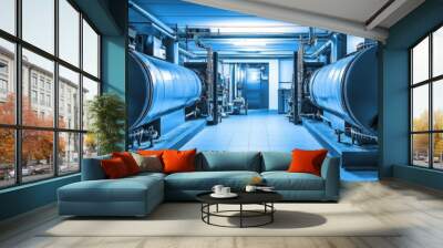 Modern industrial boiler room interior with two large gas boilers. The room is clean and well-lit with a blue color palette. The boilers represent power, efficiency, and heat energy. Wall mural