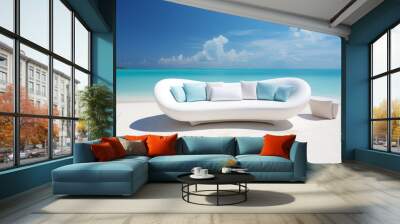 Creative modern luxury sofa furniture on the sand beach with the sea background. Wall mural