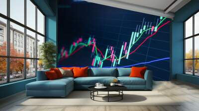 Stock market trading graph and candlestick chart on screen monitor background. Financial investment and economic concept. Wall mural