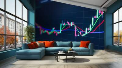 Stock market trading graph and candlestick chart on screen monitor background. Financial investment and economic concept. Wall mural