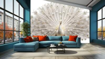 Beautiful white peacock spread his tail feathers. isolated on Transparent background. Wall mural