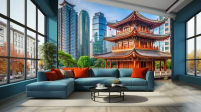 A traditional Asian pagoda in a modern urban setting, highlighting the contrast between the two styles, Traditional, Modern Wall mural