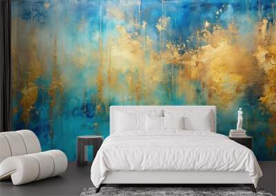 Abstract blue and gold painting on canvas background, abstract, blue, gold, painting, canvas, background, artistic, modern Wall mural