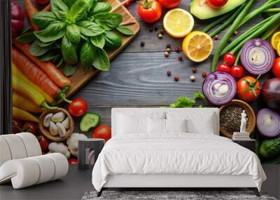 Assorted chopped vegetables falling with fresh ingredients for a leafy garnish dish , vegetables, chopped, fresh, ingredients Wall mural