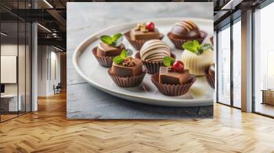 Assorted mini chocolate desserts on a white plate, chocolate, dessert, mini, small, sweet, indulgence, delicious Wall mural