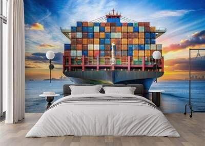 Cargo freight ship for online international orders worldwide, rear view from the dock, container ship Wall mural