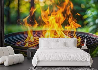 Charcoal grill with burning flames perfect for grilling food , cooking, BBQ, grilling, charcoal, flames, heat Wall mural