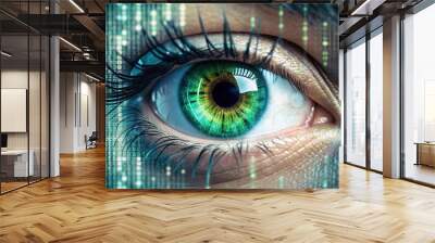 Close up of a futuristic matrix eye with digital code streaming across the iris, technology, cyber Wall mural