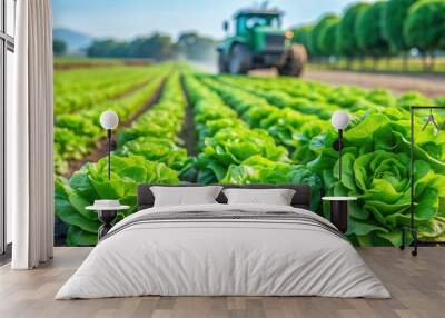 Close up of fresh green lettuce heads in a field with a blurry tractor in the background, lettuce, field, agriculture, farm Wall mural