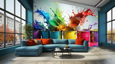 Colorful paint buckets crashing down in a spray of vibrant patterns and colors, paint, buckets, crash, colorful, spray, patterns Wall mural