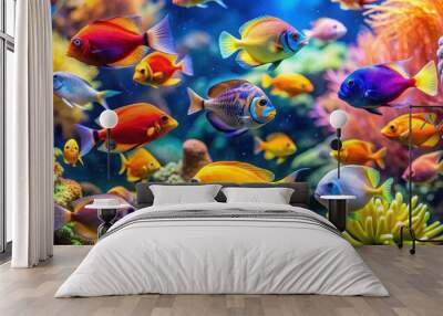 Colorful tropical fishes swimming in a vibrant aquarium , fish, aquarium, underwater, colorful, tropical, swim, tank Wall mural