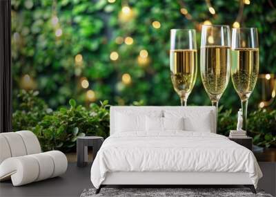 Creative holiday celebration catering with champagne glasses on green foliage background, champagne, glasses, celebration Wall mural