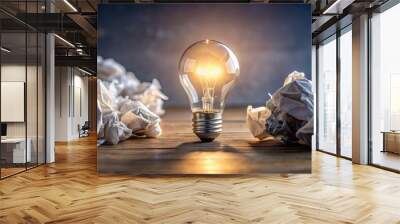 Crushing paper balls and light bulb symbolizing developing original ideas and learning from mistakes, innovation Wall mural