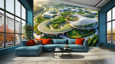 Cutting edge eco tech structure blending nature and futuristic architecture viewed from a drone's perspective, drone Wall mural