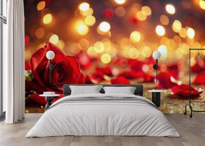 Falling red rose petals with golden bokeh lights creating a romantic and magical atmosphere, rose petals, red, falling Wall mural