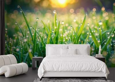 Fresh green grass covered in dewdrops early in the morning, greenery, nature, morning light, dew, freshness, serene Wall mural