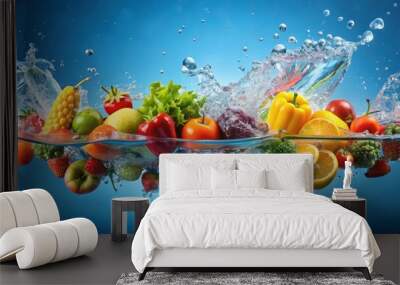 Fruits and vegetables splashing into blue clear water, fresh, vibrant, colorful, healthy, organic, natural, nutrition Wall mural