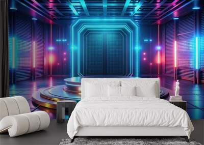 Futuristic cyberpunk gaming technology display podium with abstract background ,  rendering, gamer, sci-fi, stage Wall mural