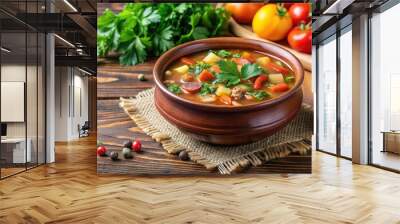 Hearty hot vegetable soup in a terracotta bowl with parsley, healthy and vegetarian nutrition concept, vegetarian, vegetable Wall mural