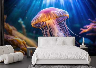 Jellyfish gracefully swimming in a beautifully lit aquarium, marine life, underwater, exotic,tentacles, aquatic, graceful Wall mural