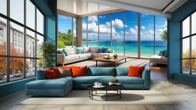 Modern living room with a large window showcasing a tropical blue sea background , summer vacation, rendering Wall mural