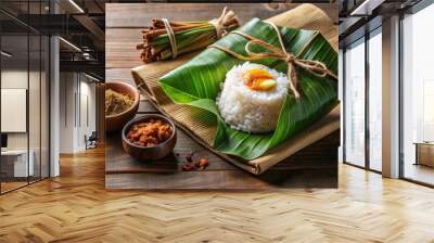 Nasi lemak pack wrapped in banana leaf, traditional Malaysian breakfast , Malaysian cuisine Wall mural