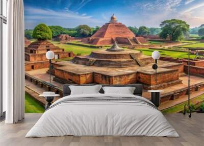 Panoramic view of the ancient Indian monastic site Nalanda Mahavihara , Archaeological, Historical Wall mural