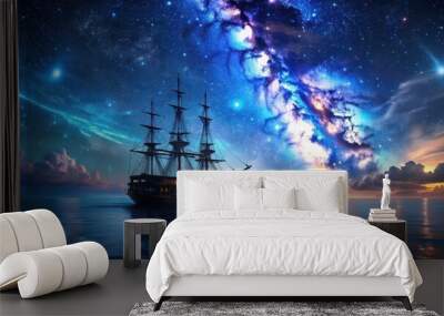 Pirate ship sailing into a bioluminescent sea with a galaxy in the sky, pirate, ship, sailing, bioluminescence, sea, galaxy Wall mural