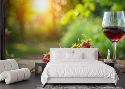 Red wine and fresh strawberries placed on a garden table on a sunny summer day, red wine, strawberries, garden, summer Wall mural