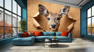 Rehkitz poking head through torn hole in brown paper wall, animal photography created with generative AI, deer, fawn, wildlife Wall mural