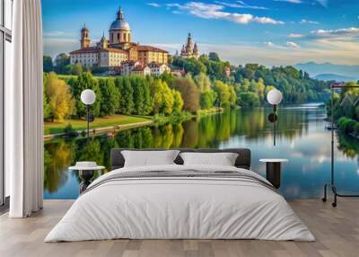 Scenic panorama of river Po with Basilica of Superga in Turin, Italy, Turin, Italy, Basilica, Superga, Panorama Wall mural