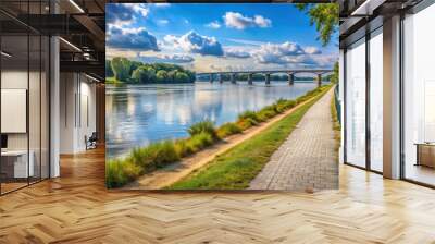 Scenic pathway along the Loire River in Jargeau with a view of the Jargeau bridge, summer, promenade, river, Loire, Jargeau Wall mural