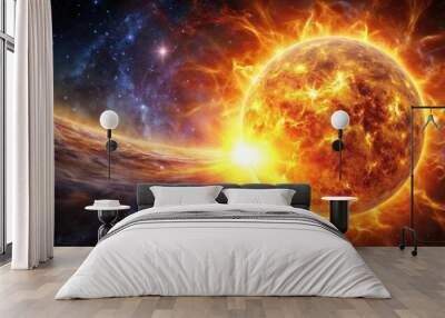 Solar storm creating a fiery wave of star explosion in the universe, solar storm, star explosion, universe, galaxy, space Wall mural