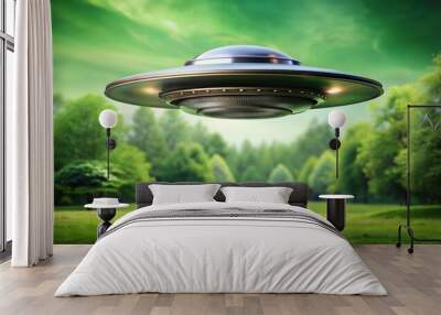 Unidentified flying object hovering against green background, UFO, alien, space, mystery Wall mural