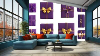 Purple gift box with golden ribbon isolated on transparent background, set of three Wall mural