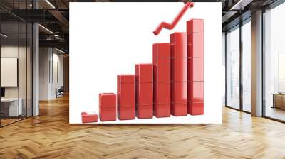 Red 3D bar chart with upward arrow, representing growth and financial success. Ideal for business, finance, and data visualization themes. Wall mural