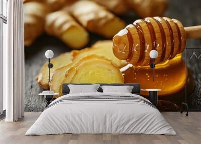 A close-up of fresh ginger root and sliced pieces next to a jar of golden honey on a rustic wooden table... Wall mural