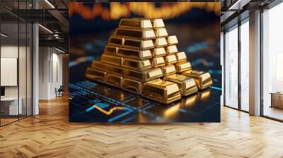 A digital financial chart background with a pyramid of shimmering gold bars that emphasizes investment, wealth, and the volatile value of precious metals. Wall mural