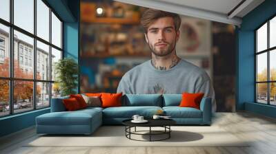 A young man with visible tattoos, dressed in a stylish, autumn-themed sweatshirt, poses confidently in a cozy, art-filled studio. Wall mural