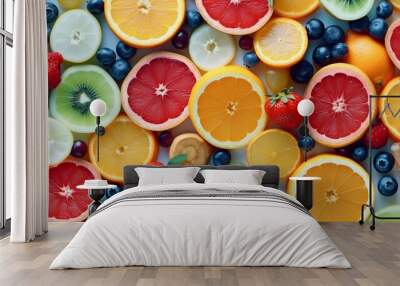 Concept of healthy eating, dieting, top down, flat lay fashionable seamless pattern of sliced mixed citrus fruits like backdrop with various berries. GENERATE AI Wall mural